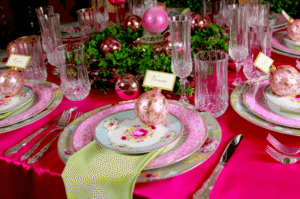 Pink and green winter wedding decor. Image provided by Baker Party Rentals