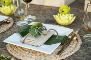 Set A Rustic Table With A Coarsely Woven Napkin Topped With Succulents And Twigs. Image Provided By Square Root Event Design