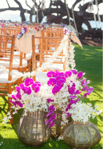 Blue acts as a counterpoint for orange orchids and pink anthurium.