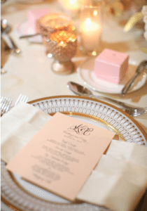 Use an elegant monogram throughout your event, from invitations, to gobos shining on the dance floor and even on menus. Planning and design: A Good Affair Wedding and Event Design Photography by Jasmine Star