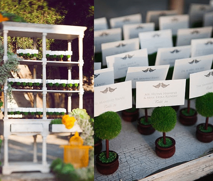 miniature topiaries vintage shelf unit are perfect for a garden event - Image provided by Tic Tock Couture Florist - WeddingCompass.com